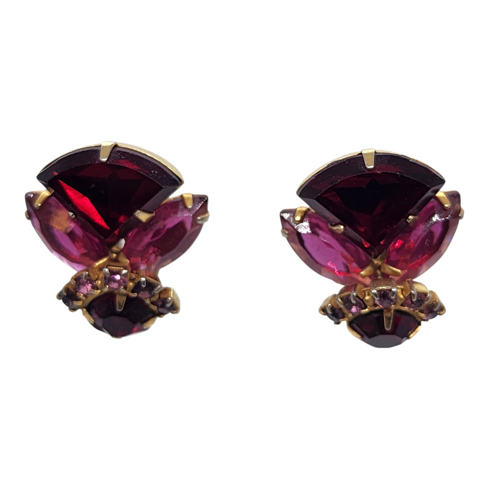 Vintage Red Pink Rhinestone Flower Cluster Clip On Earrings Gold Plated 1950s